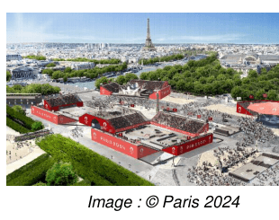 Photographie aérienne d'un parcours de street installé en milieu urbain, avec la tour Eiffel à l'arrière-plan.
