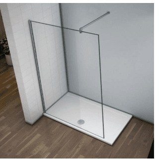 Photographie d'une paroi de douche en verre, fixée sur un receveur rectangulaire dans une salle de bains.
