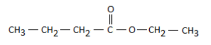 Formule semi-développée du butanoate d'éthyle : CH3 relié à CH2, relié à CH2, relié à un carbone portant une double liaison avec un oxygène et une simple liaison avec un second oxygène, lui-même relié à CH2 puis à CH3.