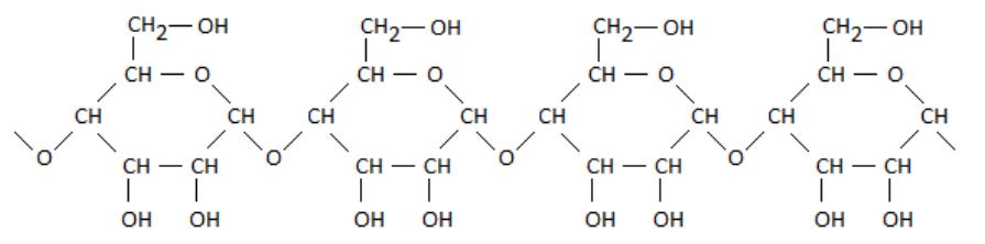 Formule développée de l'amidon. Quatre cycles à six sommets, chacun portant un groupe CH2−OH en haut et deux groupes OH en bas, sont reliés les uns aux autres par des atomes d'oxygène, et la chaîne se poursuit de part et d'autre.