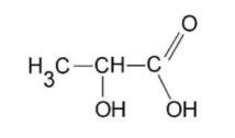 Formule semi-développée de l'acide lactique : un groupe H₃C relié à un carbone CH, lui-même relié à un carbone C ; sous le CH central pend un groupe OH, et le carbone de droite porte une double liaison vers un O ainsi qu'un groupe OH.