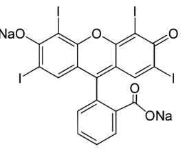 Formule topologique de l'érythrosine : deux cycles benzéniques reliés par un atome d'oxygène et par un carbone central forment un motif xanthène ; quatre atomes d'iode sont fixés sur ces cycles. À gauche figure un groupe NaO, à droite un O doublement lié. Le carbone central porte un troisième cycle benzénique terminé par un groupe carboxylate ONa.