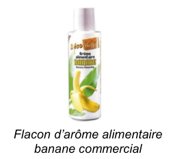 Photographie d'un flacon blanc d'arôme alimentaire banane du commerce, étiquette illustrée de bananes.
