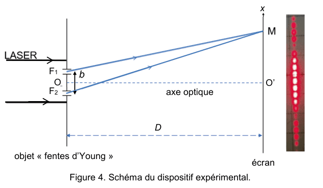 Figure 4 : schéma du dispositif expérimental. Un laser éclaire un objet « fentes d'Young » percé de deux fentes F1 et F2 distantes de b, centrées sur le point O. À la distance D se trouve un écran, dont le centre est le point O prime sur l'axe optique et où un point M est repéré par son abscisse sur l'axe vertical x. Deux rayons issus de F1 et F2 se rejoignent en M. À droite, la photographie de la figure d'interférences obtenue : une succession de taches rouges alignées verticalement, d'éclat décroissant vers les bords.