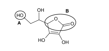 Formule topologique de l'acide ascorbique. Deux groupes sont entourés et étiquetés : A entoure un HO en bout de chaîne, B entoure la partie du cycle portant un atome d'oxygène et une double liaison C=O.