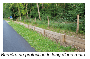 Photographie d'une barrière basse en planches de bois installée le long du bord herbeux d'une route, en lisière de forêt.