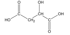 Formule semi-développée de l'acide malique. Une chaîne de quatre carbones : à gauche un carbone porte un groupe HO et une double liaison à un oxygène ; suit un groupe CH2 ; puis un carbone portant un groupe OH ; puis un dernier carbone portant à son tour un groupe OH et une double liaison à un oxygène.