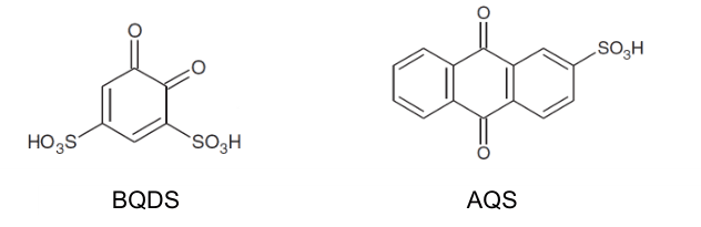 Formules topologiques de deux molécules organiques légendées BQDS et AQS, portant chacune des groupes SO3H et des doubles liaisons carbone-oxygène.
