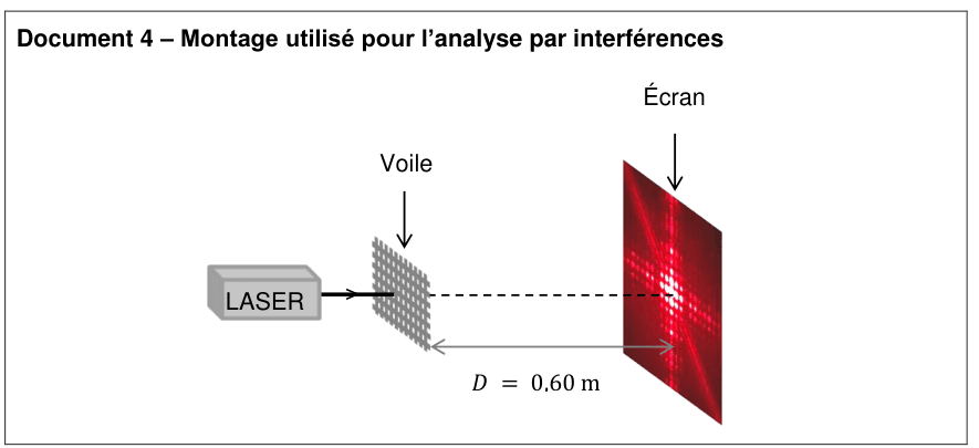 Document 4 : montage utilisé pour l'analyse par interférences. Un laser, à gauche, envoie un faisceau horizontal sur un petit carré de tissu légendé « Voile ». Derrière, à la distance D = 0,60 m repérée par une double flèche, se trouve un écran incliné légendé « Écran », sur lequel apparaît une figure lumineuse rouge faite de taches réparties selon deux directions.