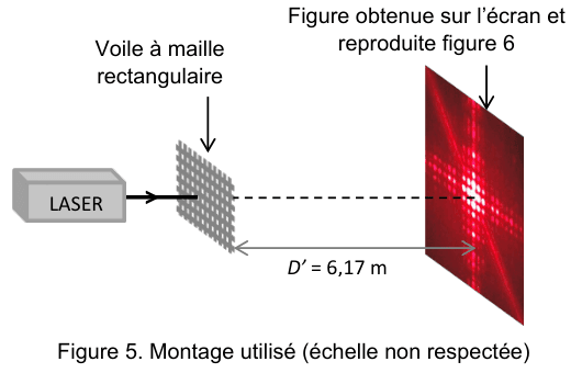 Figure 5 : montage utilisé, l'échelle n'étant pas respectée. Un laser éclaire le voile à maille rectangulaire ; à la distance D prime égale 6,17 mètres se trouve l'écran, sur lequel apparaît la figure d'interférences reproduite à la figure 6.