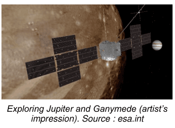 Vue d'artiste de la sonde JUICE : le corps de la sonde, hérissé d'antennes, déploie de grands panneaux solaires plans ; elle survole la surface grêlée de Ganymède, et Jupiter apparaît en arrière-plan sur la droite. Source : esa.int.