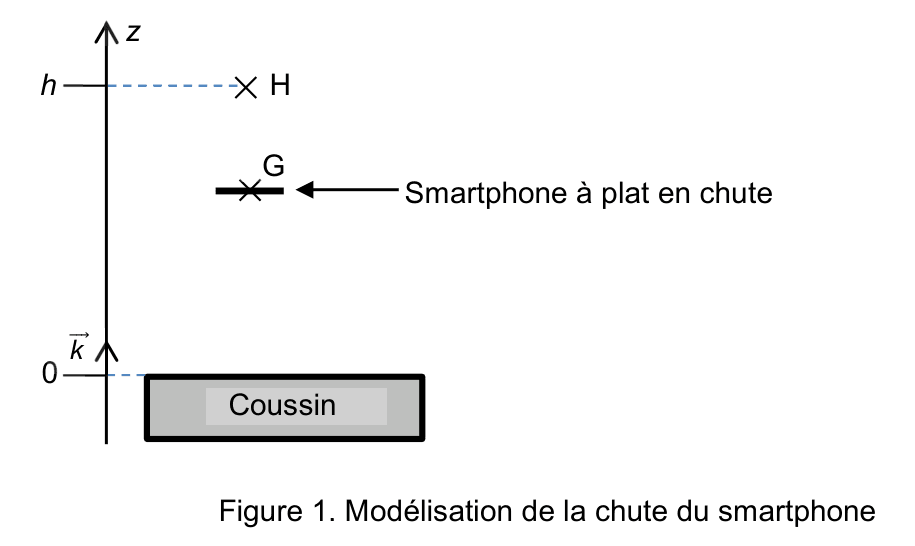Schéma de modélisation de la chute du smartphone : axe Oz vertical, point H à la hauteur h, centre G du smartphone, coussin au sol.
