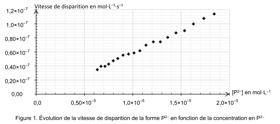 Figure 1. Points expérimentaux de la vitesse de disparition, en mole par litre et par seconde, en fonction de la concentration en ion P deux moins, de 0 à 2 fois 10 puissance moins 5 mole par litre. Les points sont sensiblement alignés.