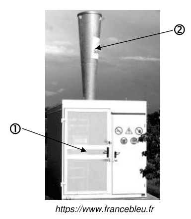 Photographie d'un canon anti-grêle installé en plein champ : une armoire technique blanche surmontée d'un long diffuseur conique métallique évasé vers le haut. Le repère 1, fléché, désigne un élément situé sur la face avant de l'armoire ; le repère 2, fléché, désigne un élément situé sur le diffuseur conique. Source : francebleu.fr.