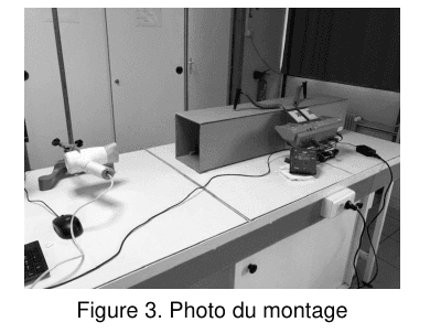 Figure 3. Photographie du montage posé sur une paillasse : un sèche-cheveux à gauche souffle dans un tunnel rectangulaire, une interface d'acquisition reliée à deux thermomètres est posée à droite.