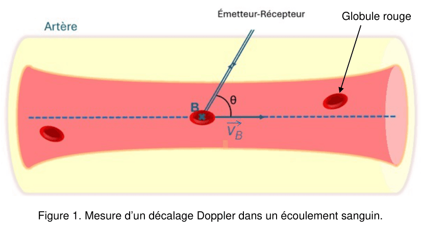 Figure 1. Schéma en couleurs d'une artère vue en coupe, avec des globules rouges dans l'écoulement. Un émetteur-récepteur pointe vers un globule rouge situé en B, faisant un angle thêta avec la direction du vecteur vitesse de ce globule.