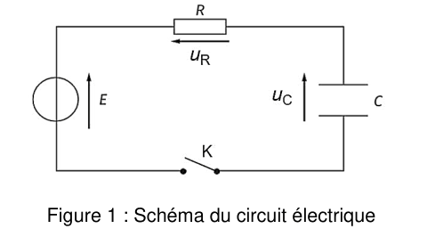 Figure 1. Schéma du circuit électrique : un générateur de tension E alimente une maille comportant un conducteur ohmique de résistance R aux bornes duquel est notée la tension uR, un condensateur de capacité C aux bornes duquel est notée la tension uC, et un interrupteur K.