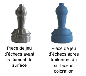 Deux photographies de la même pièce de jeu d'échecs. À gauche, la pièce avant traitement de surface, d'aspect métallique gris. À droite, la pièce après traitement de surface et coloration, d'un bleu uniforme et mat.