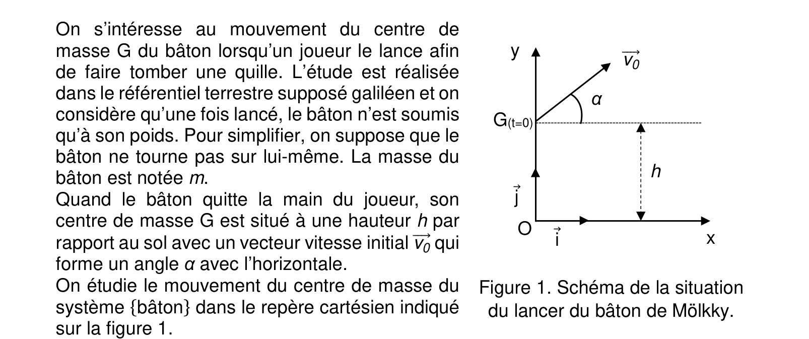 Schéma : bâton de Mölkky lancé à v0 avec angle α et hauteur h