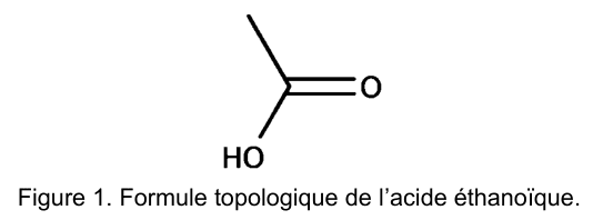Figure 1. Formule topologique de l'acide éthanoïque : une liaison en zigzag portant à son extrémité un carbone doublement lié à un atome d'oxygène et lié à un groupe HO.
