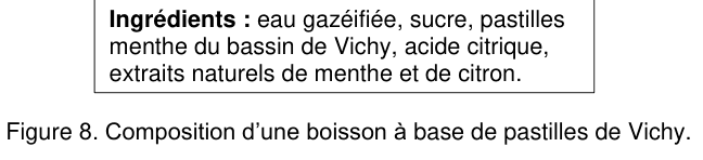 Figure 8 : encadré reproduisant la liste d'ingrédients d'une boisson : « Ingrédients : eau gazéifiée, sucre, pastilles menthe du bassin de Vichy, acide citrique, extraits naturels de menthe et de citron ».