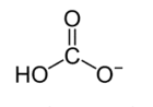 Formule semi-développée de l'ion hydrogénocarbonate : un carbone central relié à un groupe HO à gauche, à un atome d'oxygène par une double liaison vers le haut, et à un atome d'oxygène portant une charge négative à droite.