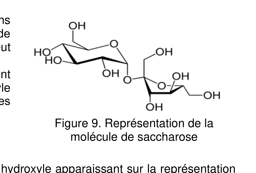 Formule topologique du saccharose : deux cycles reliés par un atome d'oxygène, portant chacun plusieurs groupes hydroxyle OH représentés explicitement.