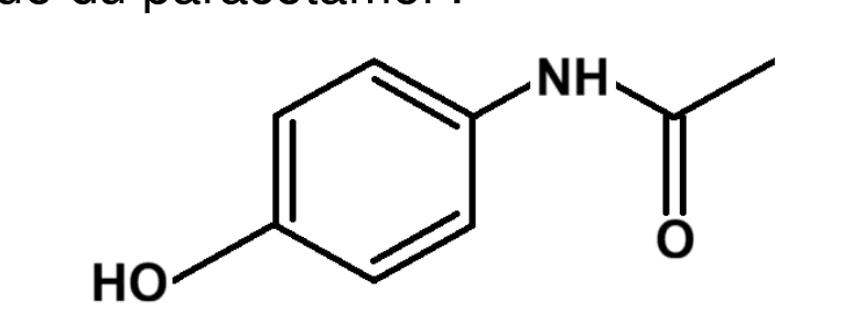 Formule topologique du paracétamol : un cycle benzénique portant un groupe hydroxyle (HO, phénol) et un groupe amide (NH–CO–CH3).