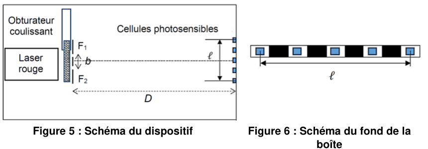 Dispositif : un laser rouge traverse deux fentes F1 et F2 d'écartement b ; sur le fond de la boîte apparaît une alternance de zones sombres et lumineuses ; les cinq cellules photosensibles sont réparties sur une largeur ℓ.