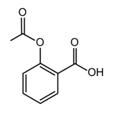 Formule topologique de l'aspirine : un cycle benzénique portant deux substituants sur des carbones voisins. Le premier est un atome d'oxygène relié à un carbone qui porte une double liaison O et un méthyle. Le second est un carbone portant une double liaison O et un groupe OH.