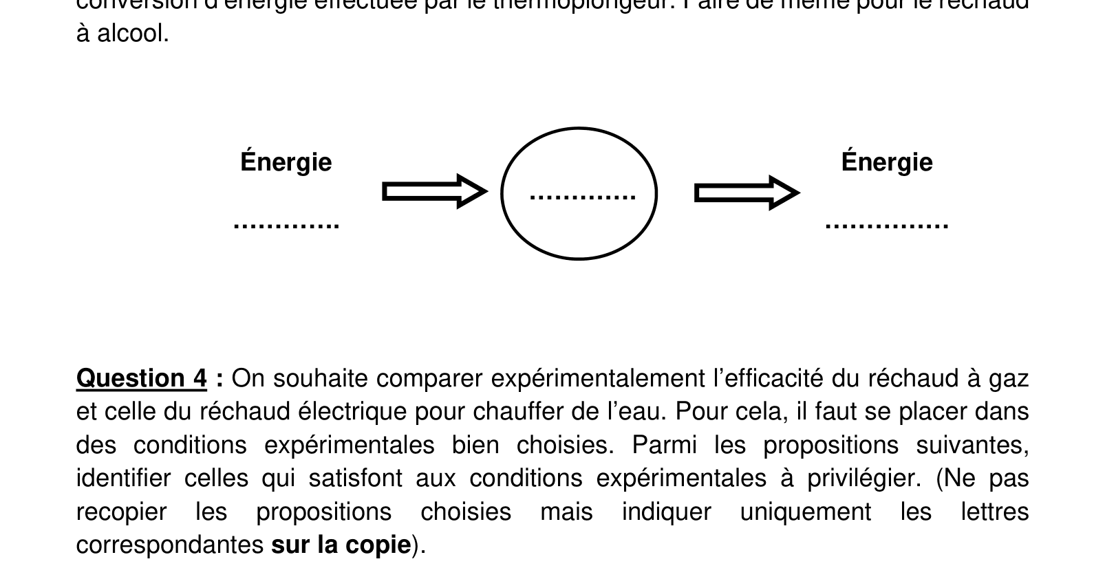 Schéma de conversion d'énergie à compléter : énergie ... → ... → énergie ...