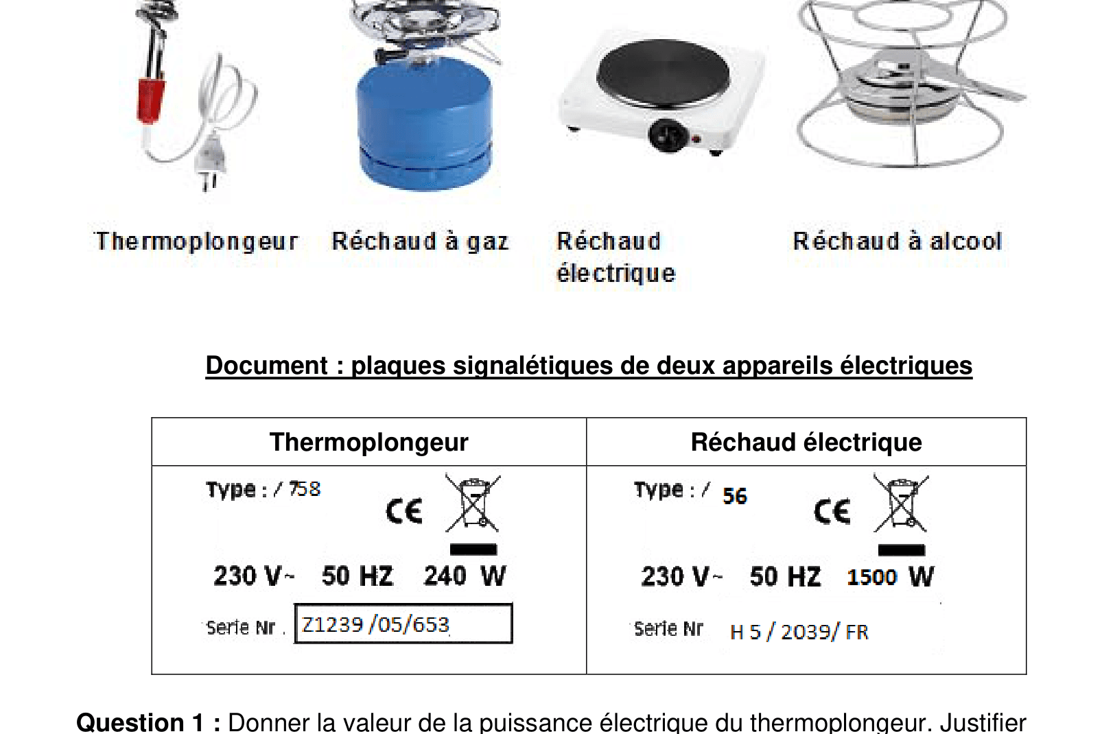 Plaques signalétiques d'un thermoplongeur (300 W) et d'un réchaud électrique