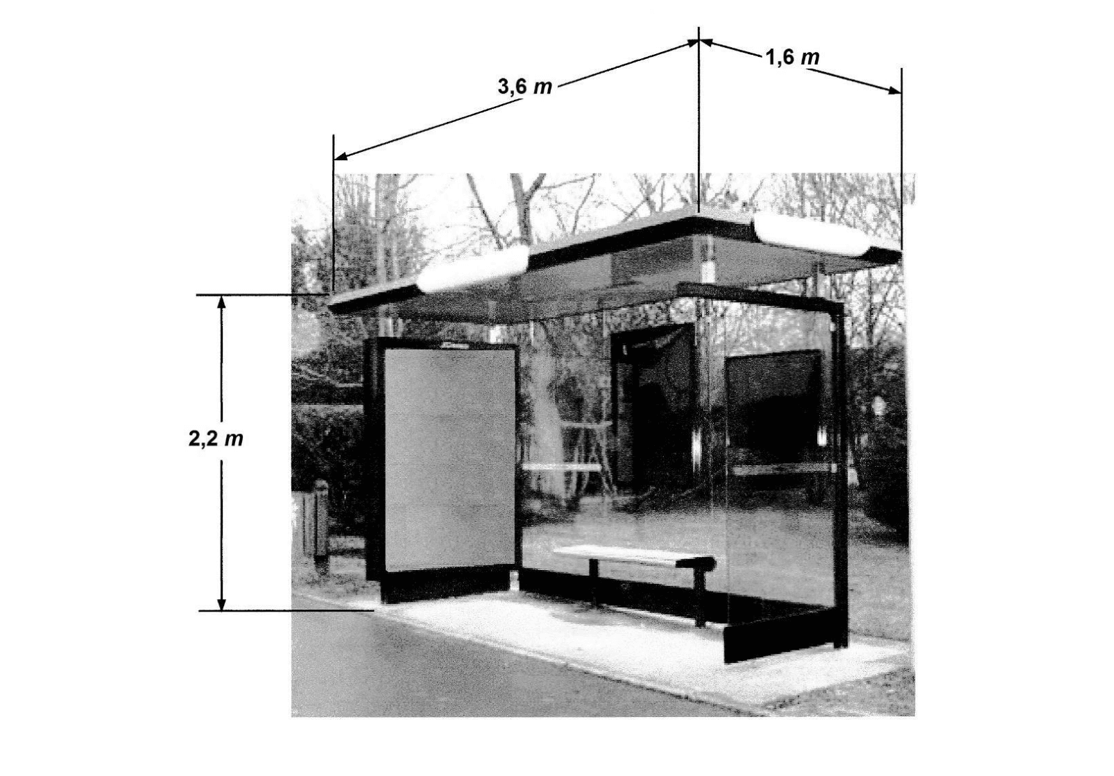Document 2, Schéma d'un abri de bus avec longueur et largeur cotées