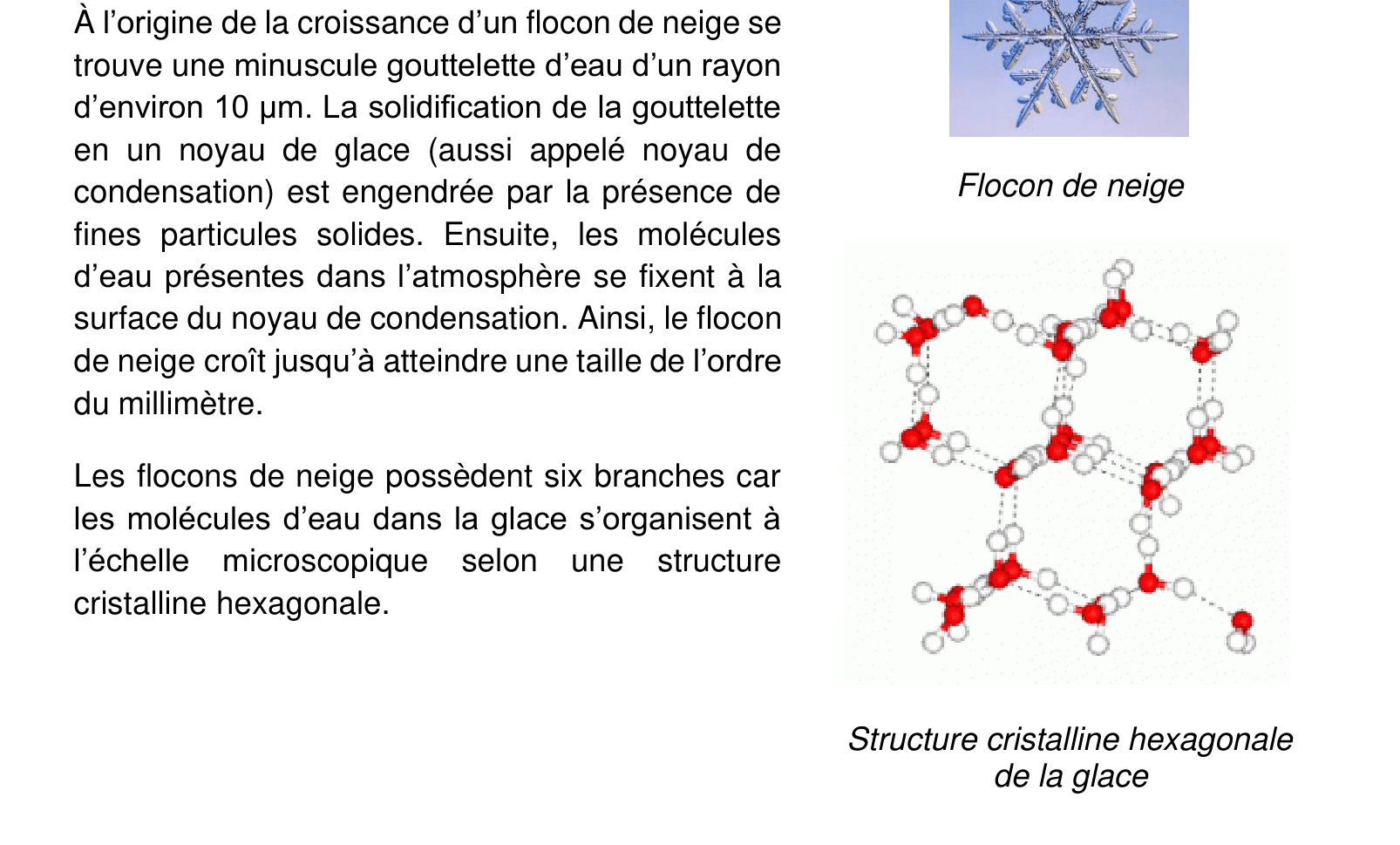 Document 1, photographie d'un flocon de neige et structure cristalline hexagonale de la glace