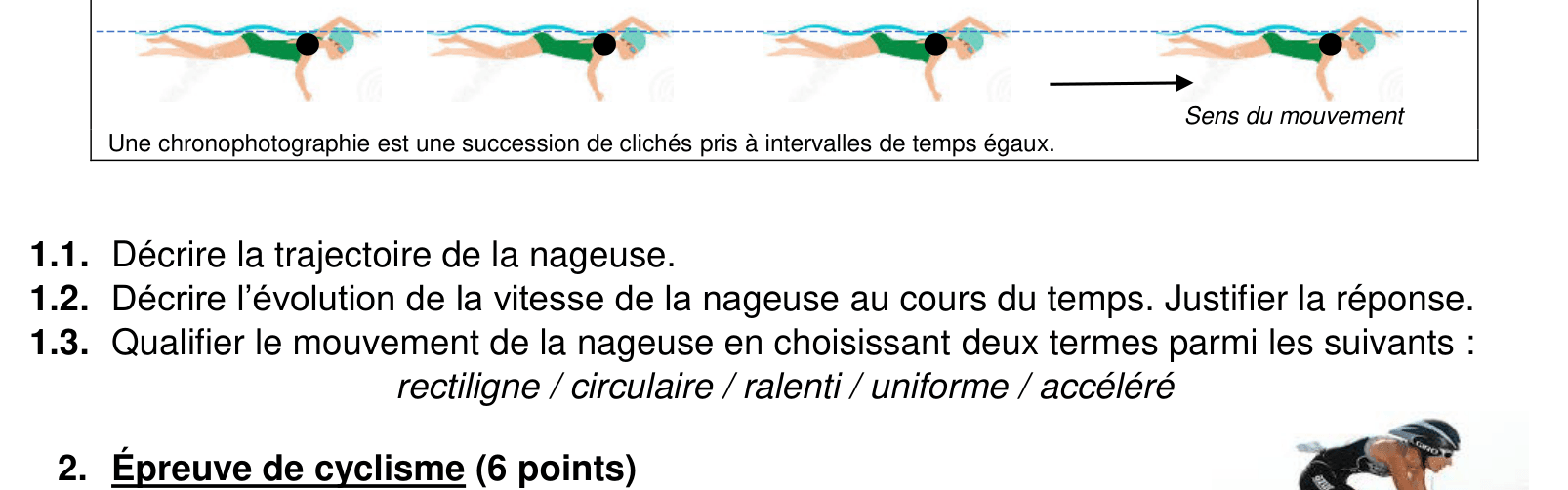 Chronophotographie horizontale d'une nageuse : positions successives séparées d'écarts égaux