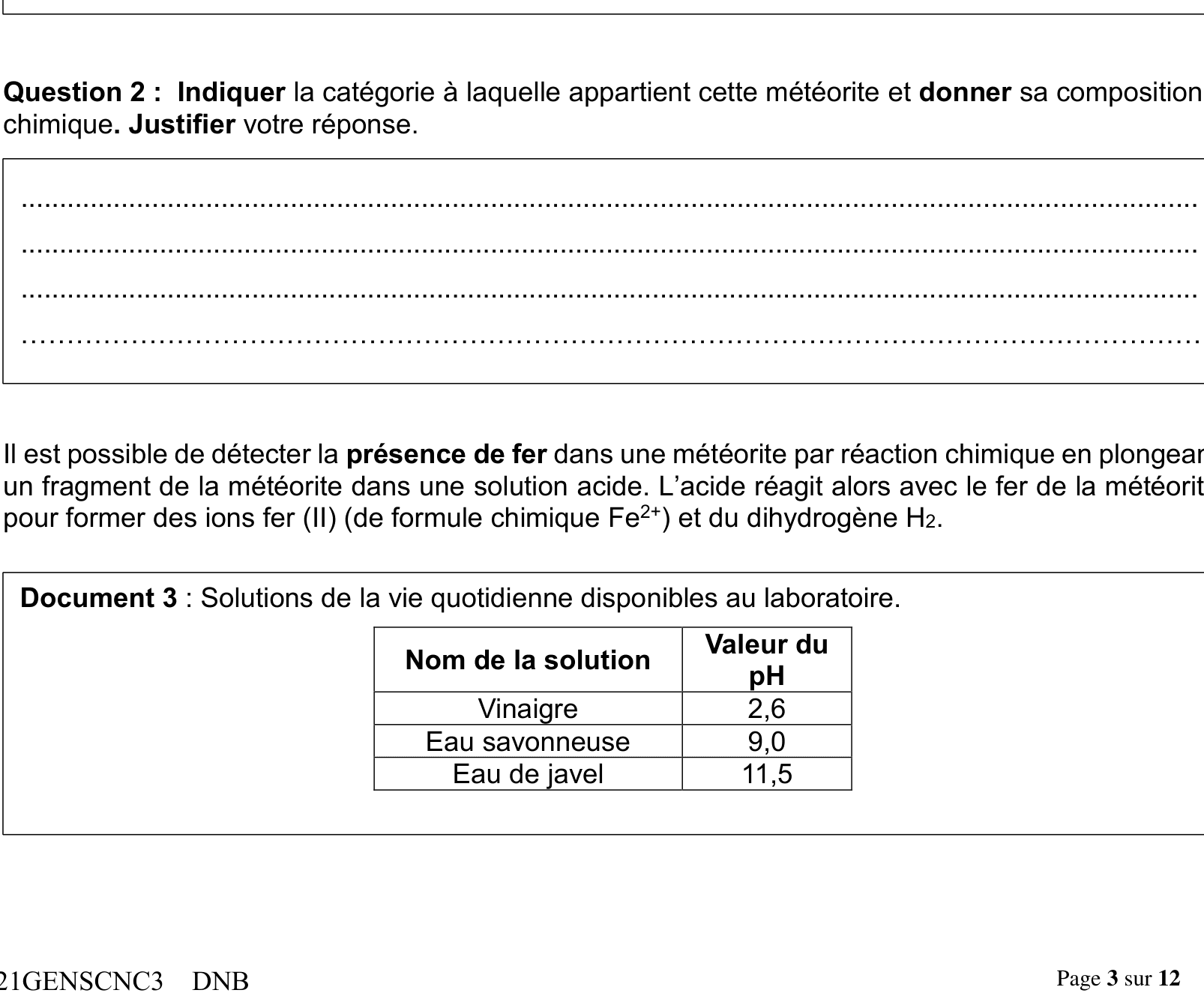 Document 2 : 3 catégories de météorites (achondrite, chondrite, sidérite) avec leur masse volumique et composition