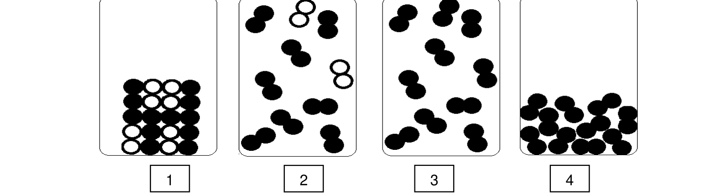 Quatre représentations microscopiques de gaz : différents arrangements d'atomes blancs et noirs
