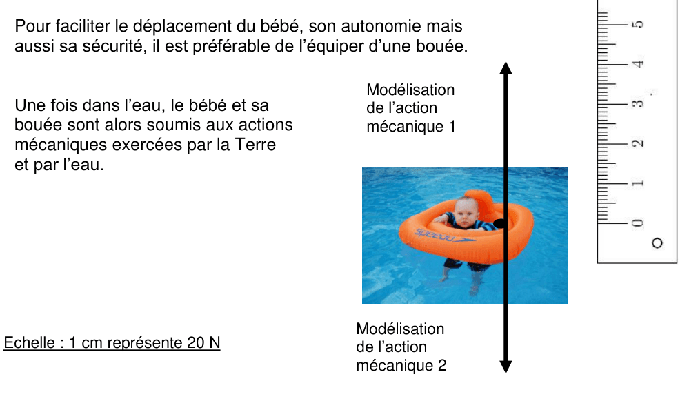 Schéma du bébé dans une bouée avec deux flèches modélisant les actions de la Terre et de l'eau