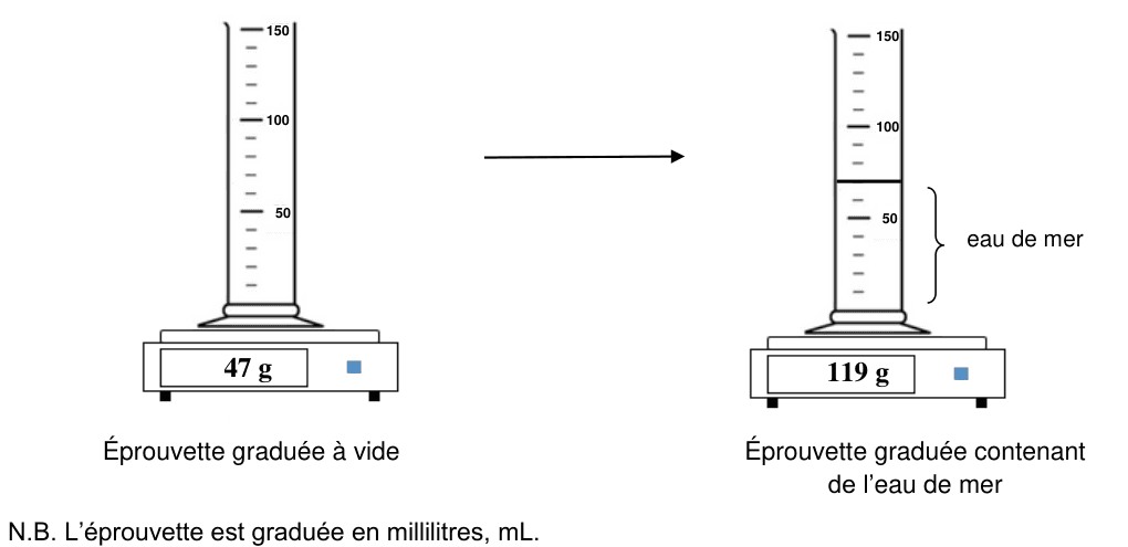Mesure : éprouvette vide à 47 g, éprouvette avec eau de mer à 119 g, lecture du volume sur l'éprouvette graduée