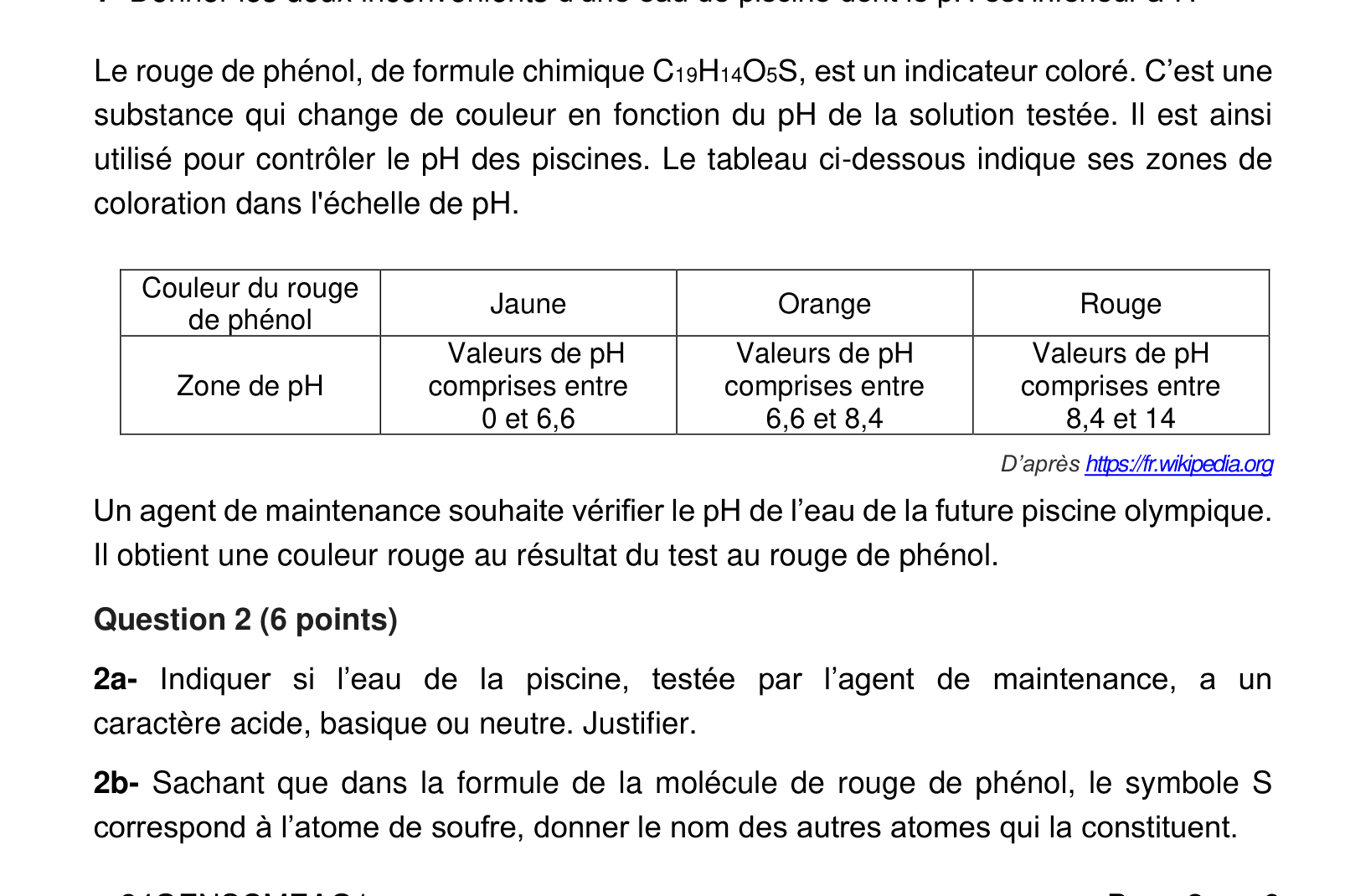 Tableau : couleurs du rouge de phénol selon le pH (jaune 0-6,6 ; orange 6,6-8,4 ; rouge 8,4-14)