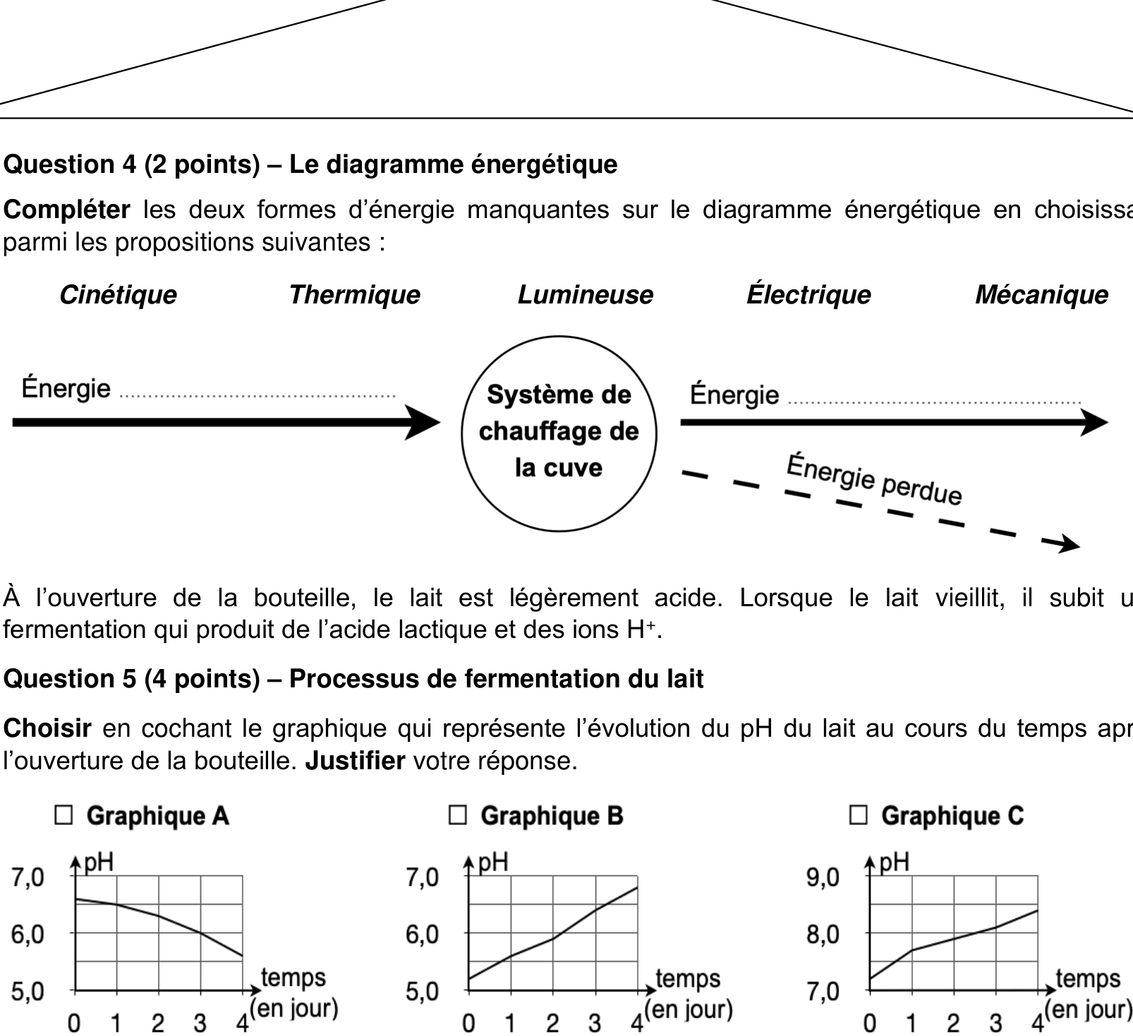 Choix de graphiques pH(t) : croissant, décroissant, constant