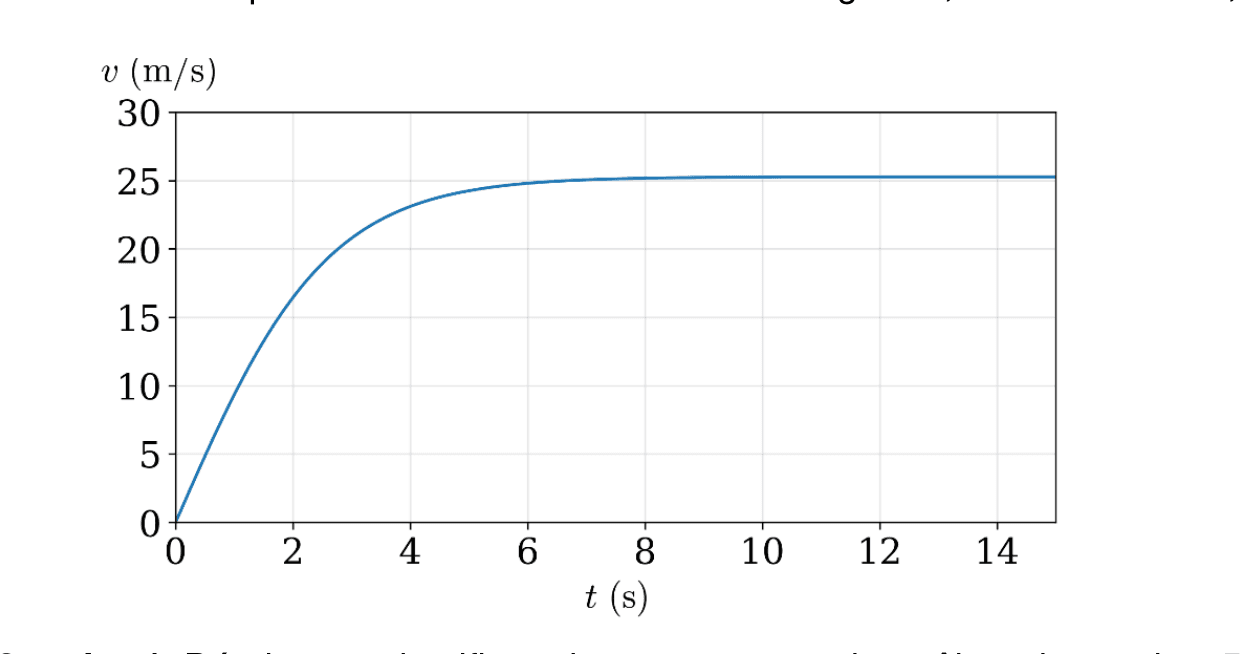 Document 2 : courbe de la vitesse v (m/s) du grêlon en fonction du temps t (s). La vitesse part de 0, augmente puis se stabilise à un plateau de 25 m/s vers 7 à 8 secondes.